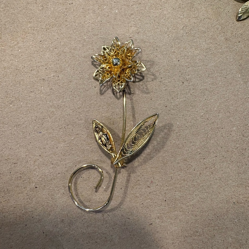 Gold Flower Brooch with Blue Accent